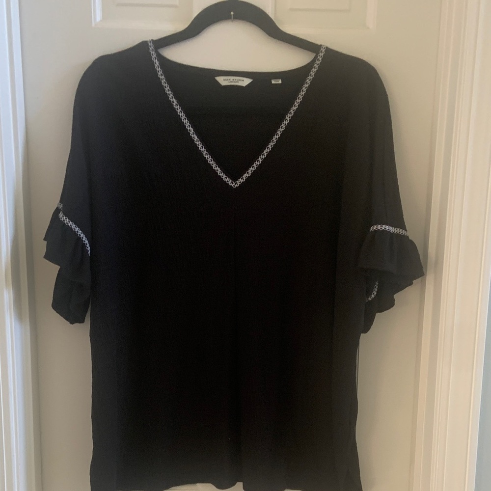 Max Studio Black V-Neck Top with Ruffle Sleeves
